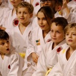 Photo d'enfant en tenu de judo agenouillés sur un tatami